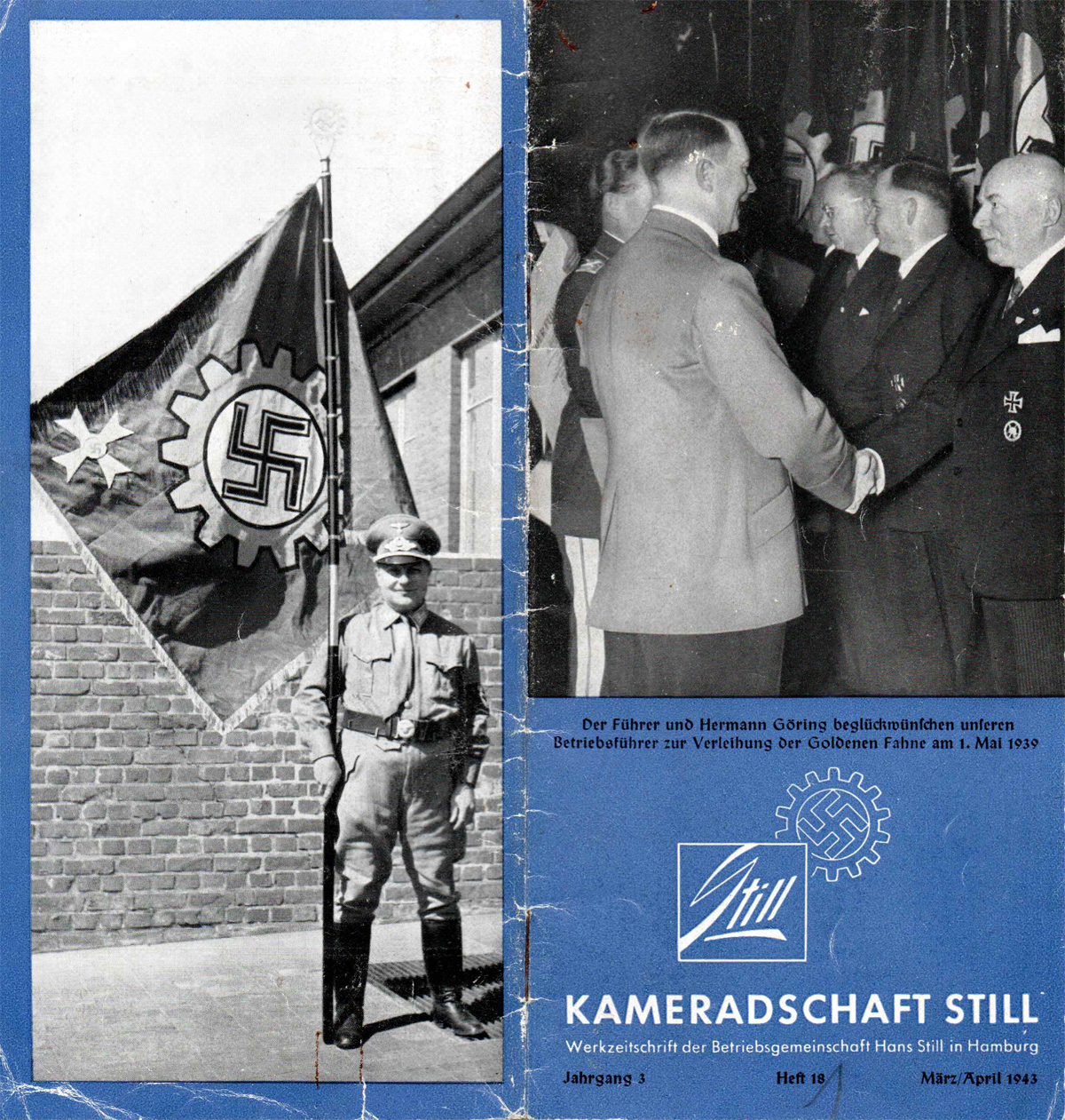 Titelblatt einer Zeitschrift. links Mann in Uniform hät Fahne mit Hakenkreuz. Männer schütteln hände.